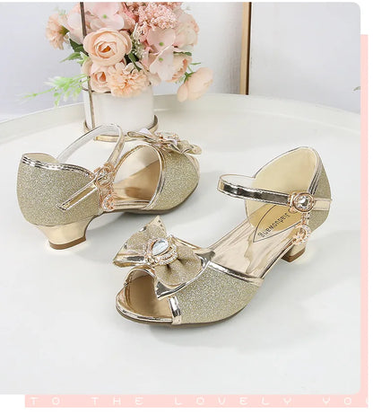 Girls Princess Sandals Summer Open-toe Elegant Children High Heels Fashion Sequins Crown Kids Causal Glitter Wedding Dress Shoes