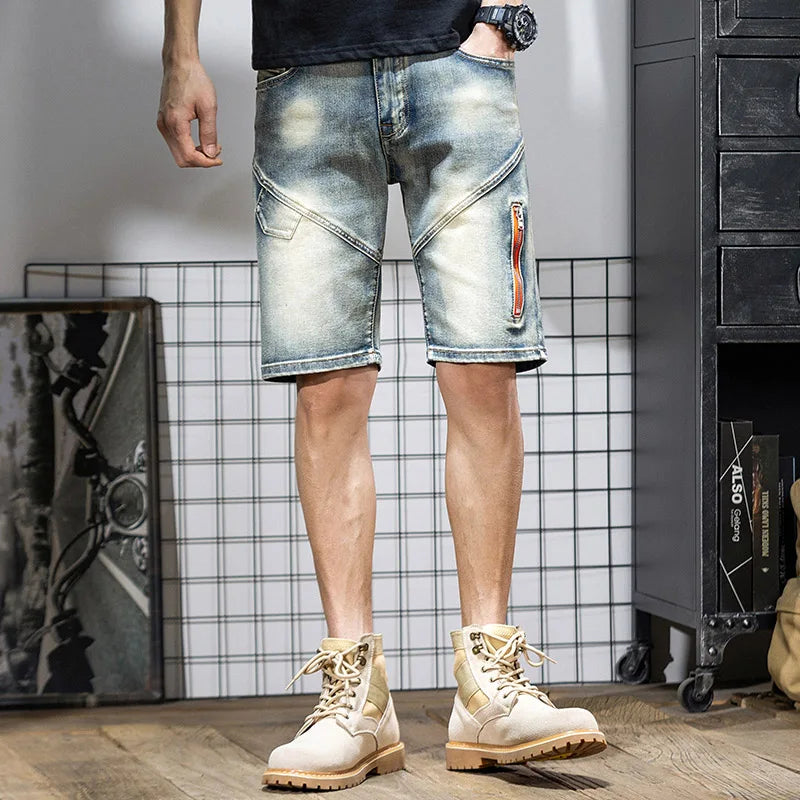 Summer Men's Denim Shorts Retro Motorcycle Elastic Cotton Fashion Knee Length Short Jeans Zipper Hip Hop Rock Streetwear