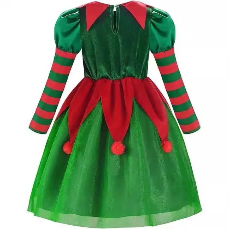 Boys Girls Elf Party Christmas Cosplay Costumes Elf Ear Role Play Set Xmas Hat Dress and Shoes Covers Stockings Kids Suit