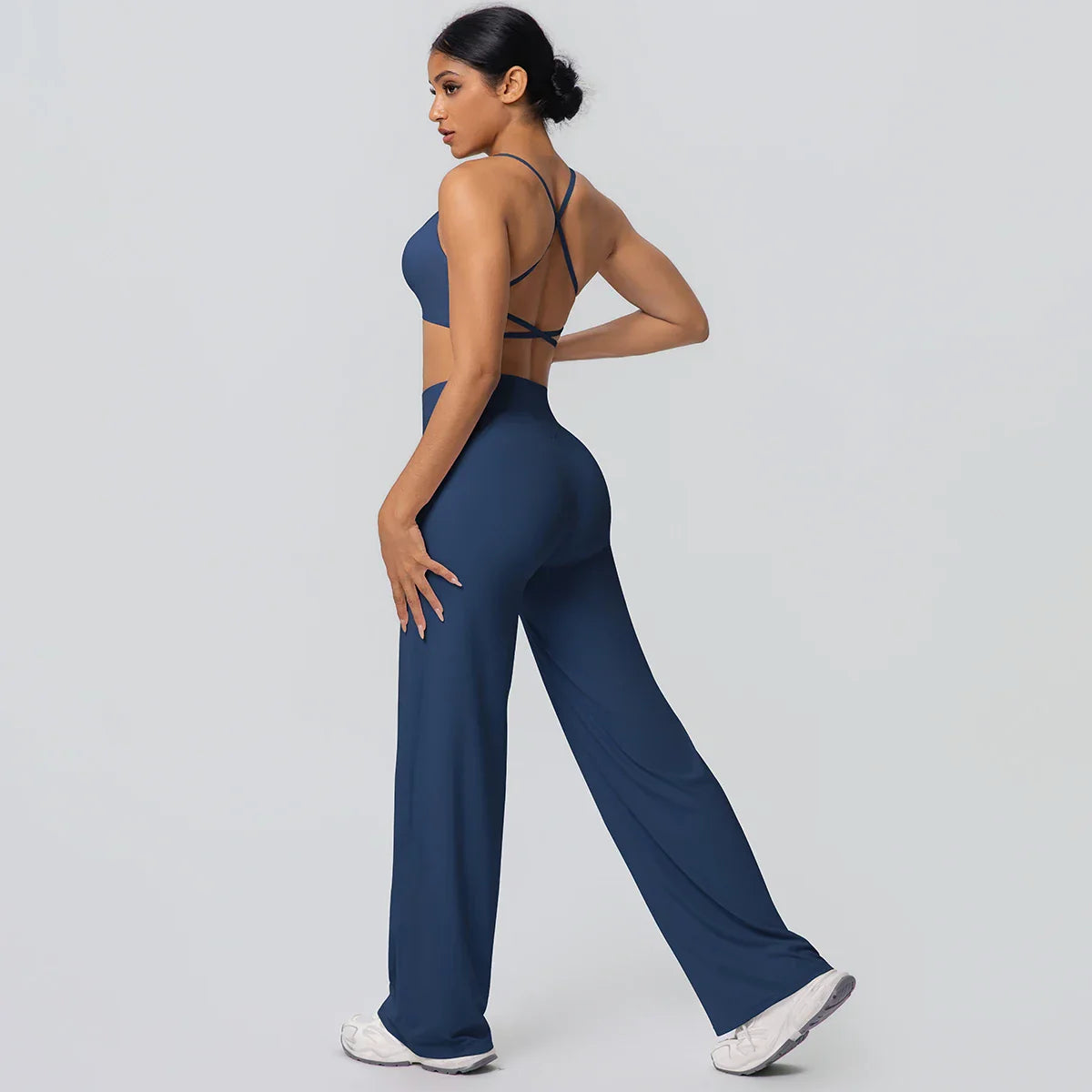 Women Gym Sports Yoga Suit Sexy Beautiful Back Yoga Underwear With Chest Pad Solid Color High Waisted Wide Leg Pants Yoga Set