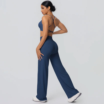 Women Gym Sports Yoga Suit Sexy Beautiful Back Yoga Underwear With Chest Pad Solid Color High Waisted Wide Leg Pants Yoga Set