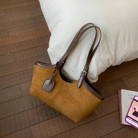2026 Autumn Retro Suede Shoulder Bags for Women Faux Patchwork PU Underarm Armpit Bag Work Travel Casual Street Designer Handbag