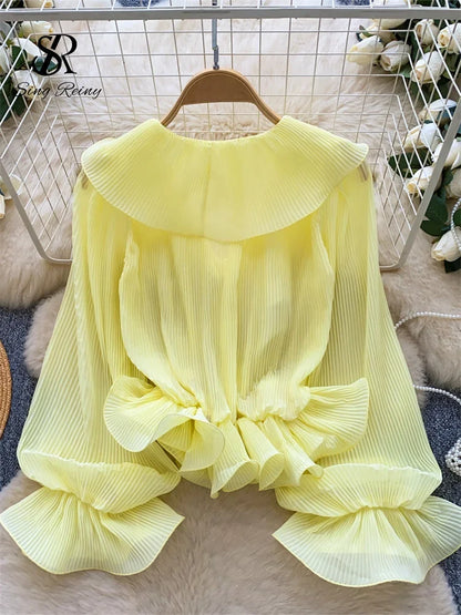 Ruffles Pleated Romantic Tops Thin Spring Summer V Neck French Elegant Blouse Fairycore Flowy Office Lady Luxury Shirt