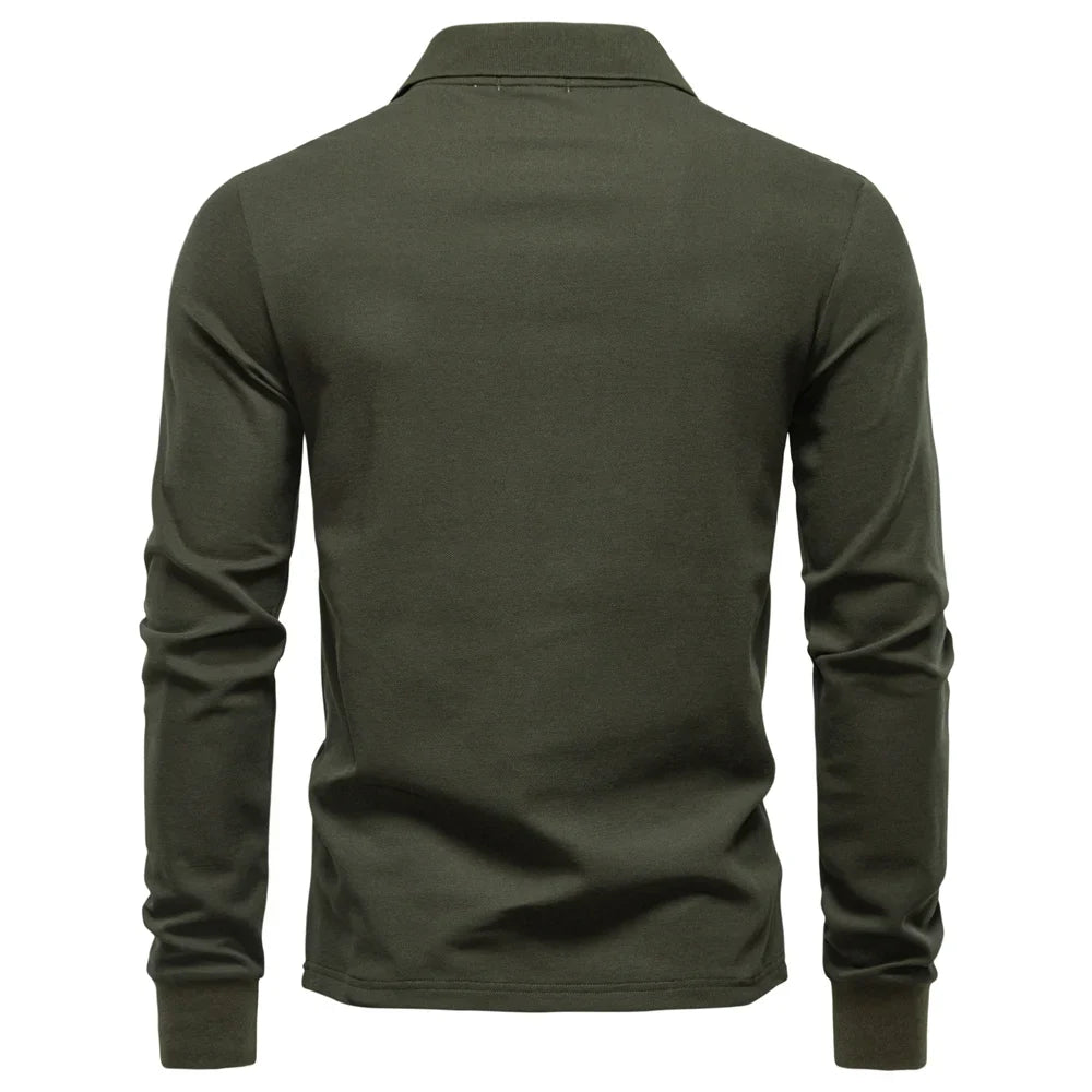 2025 Business Casual Polo Shirt Men Solid Color Long Sleeve Cotton Rich Blend Breathable Polos Male