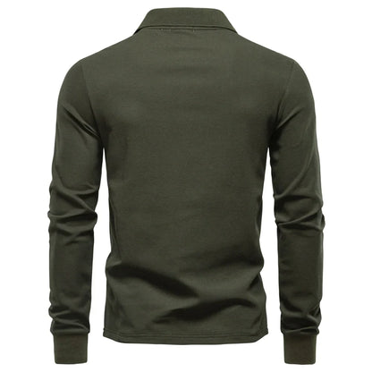 2025 Business Casual Polo Shirt Men Solid Color Long Sleeve Cotton Rich Blend Breathable Polos Male