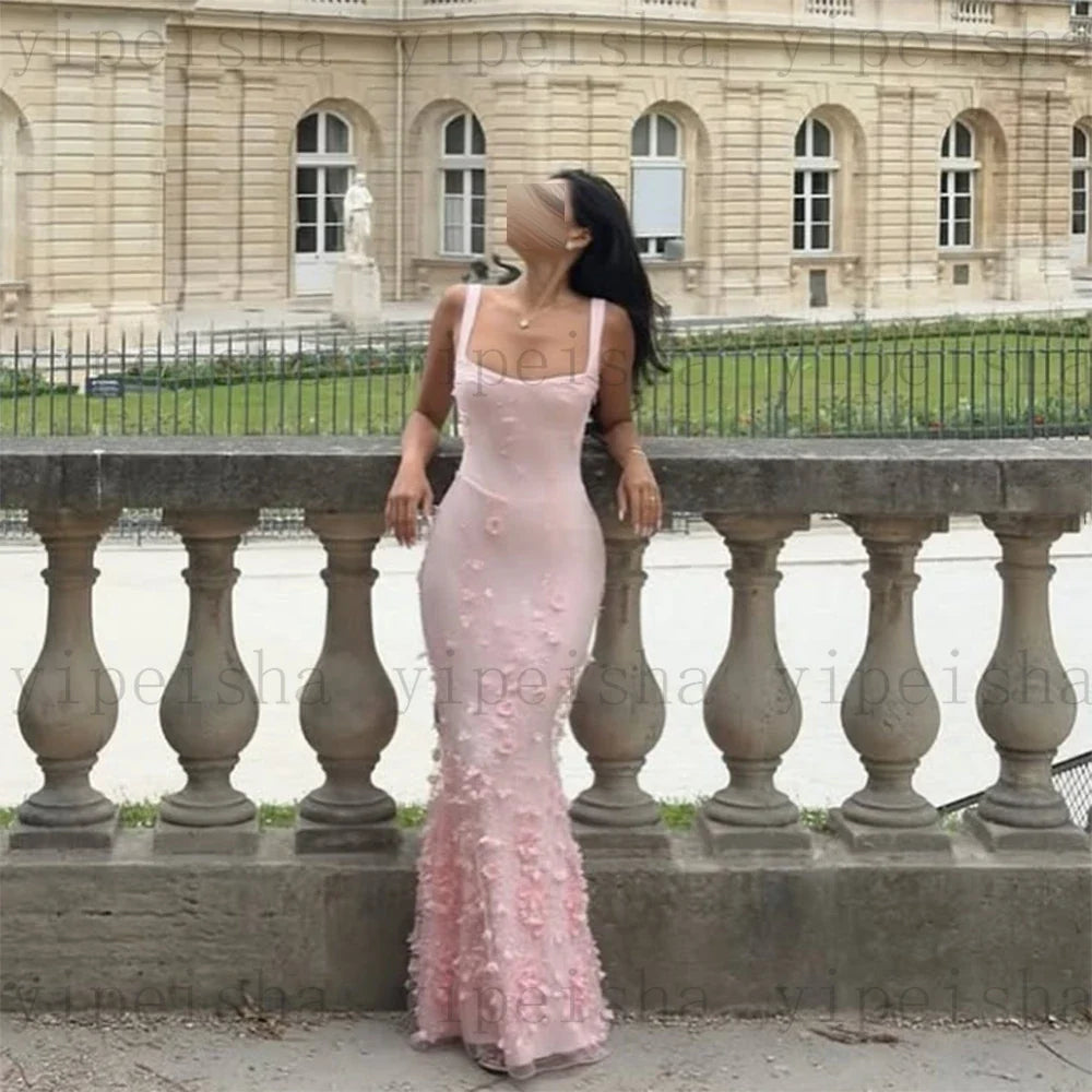 Customized square collar mermaid Evening Dresses spaghetti strap Party Dress 3D Flowers Sequined Lace Appliques Long Prom Gown