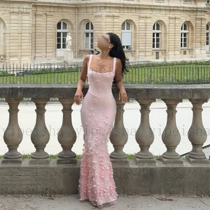 Customized square collar mermaid Evening Dresses spaghetti strap Party Dress 3D Flowers Sequined Lace Appliques Long Prom Gown
