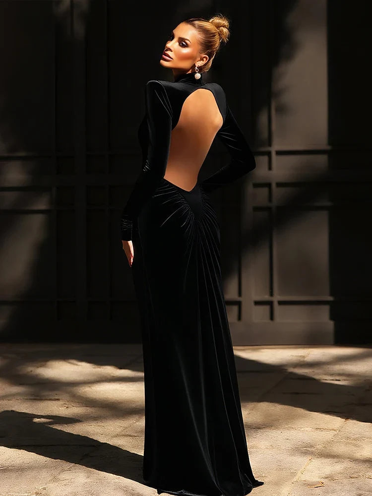 Shirring Sheath Maxi Dresses High Street Classic Full Sleeve Straight Shoulder Backless Vestidos Mujer Evening Wear