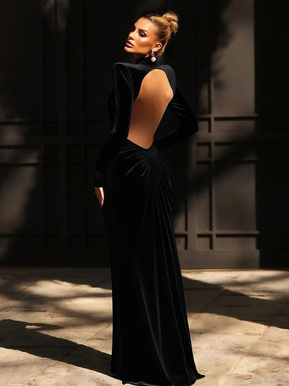 Shirring Sheath Maxi Dresses High Street Classic Full Sleeve Straight Shoulder Backless Vestidos Mujer Evening Wear
