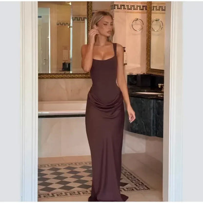 Sexy Square-neck Halter Long Dress Women 2025 Pleated Sleeveless Backless High Waist Bodycon Dresses New Summer Lady Party Gowns