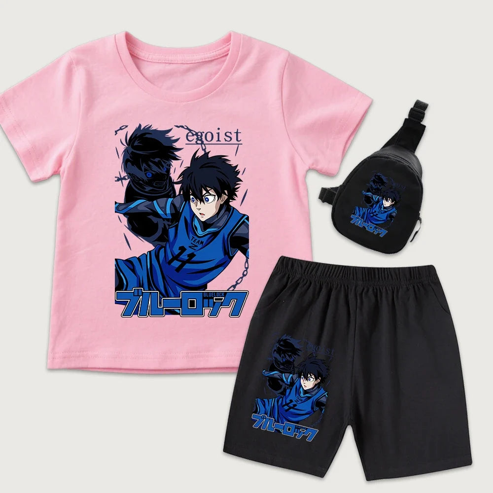 Blue Lock Yoichi Isagi Anime Print Kids Cotton T Shirt Shorts Mini Chest Bag 3Pcs Set Casual Summer Outfit for Boys Girls