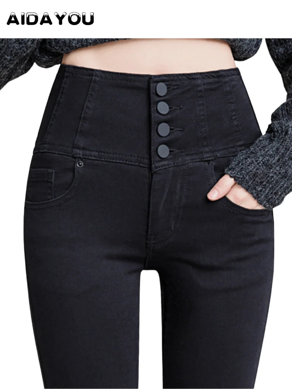Button Fly Jeans High Waist Front for Women Tummy Control Stretch Denim Black Petite XS - 4XL Dress Pants With Pocket