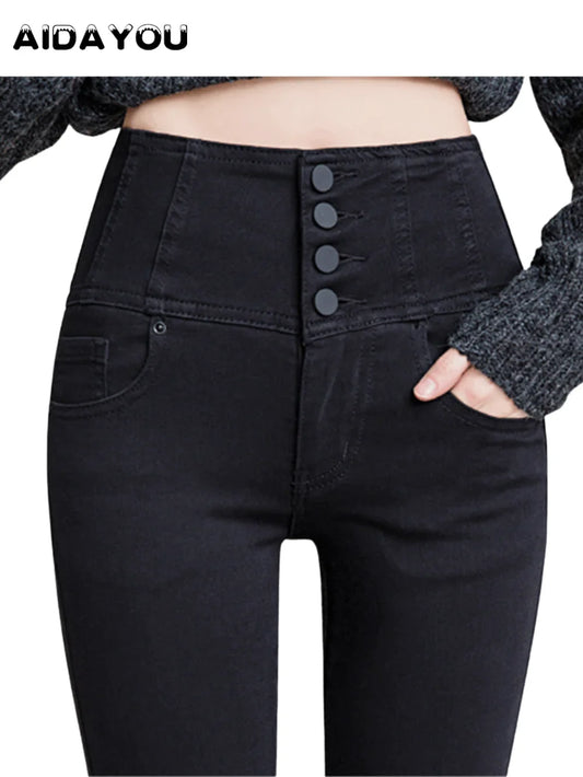 Button Fly Jeans High Waist Front for Women Tummy Control Stretch Denim Black Petite XS - 4XL Dress Pants With Pocket