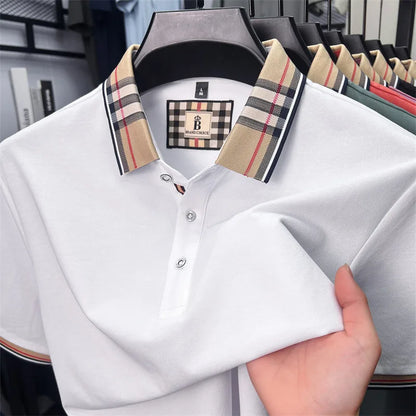 Fashion brand luxury short sleeve polo shirt men summer quality silky cotton breathable business casual striped collar T-shirt