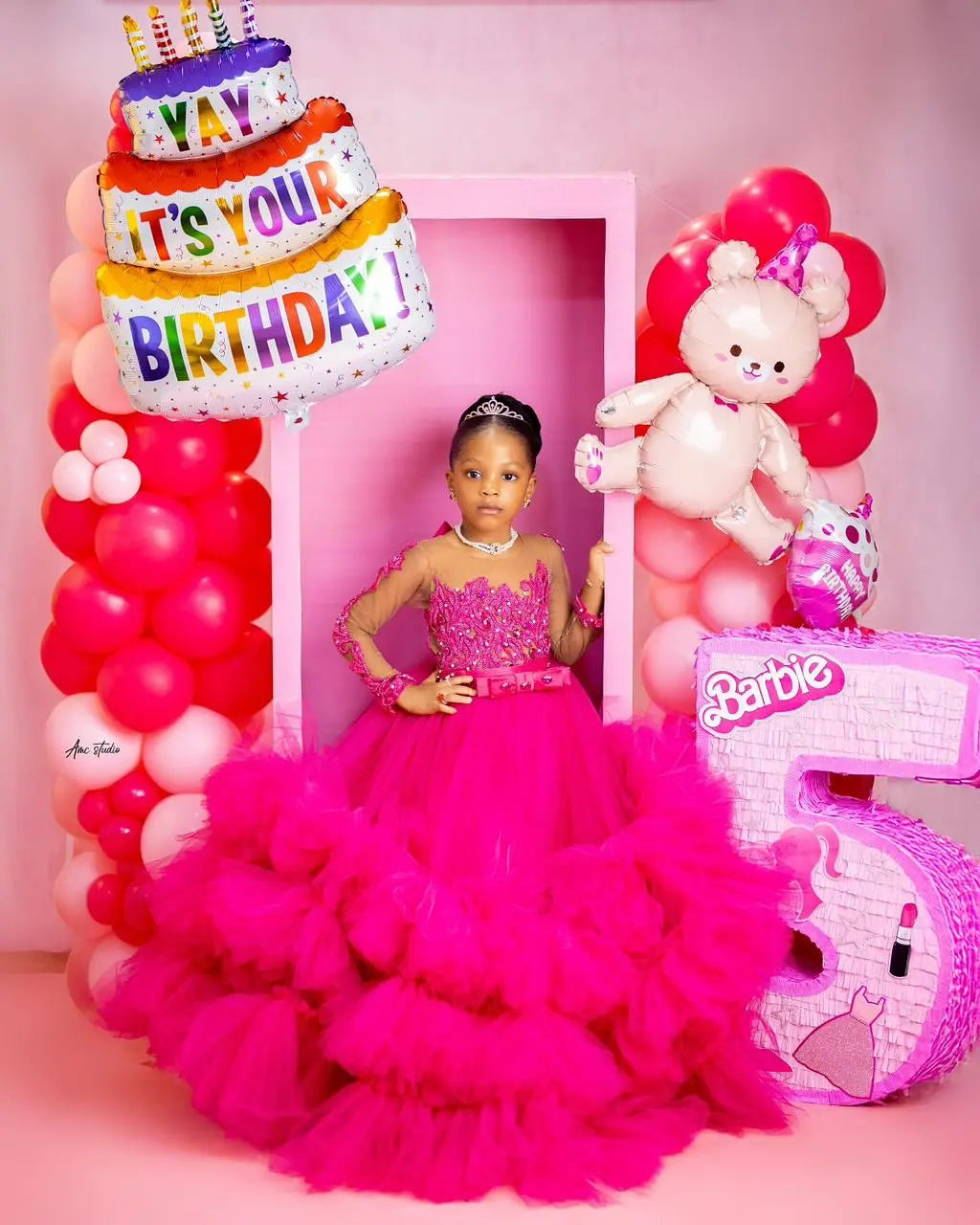 Fuchsia Princess Girls Birthday Party Dress Tiered Ruffles Long Sleeve Flower Girl Dresses for Wedding Kids Prom Gown Customized