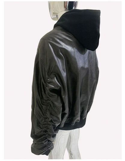 Spring Oversized Vintage Black Faux Suede Leather Jacket Men Zipper Fake 2 Piece Luxury Designer Clothes Hoodie 2024