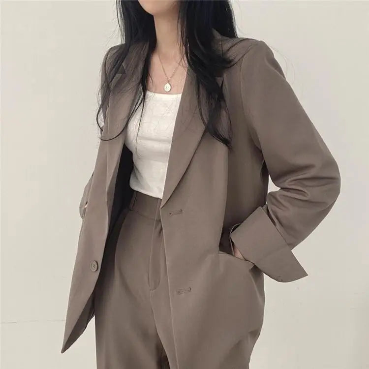 Casual Notch Lapel Suit Set with Button Thick Wide Leg Small Suit Pants High Waist Drape Polyester Business Lady Style Women