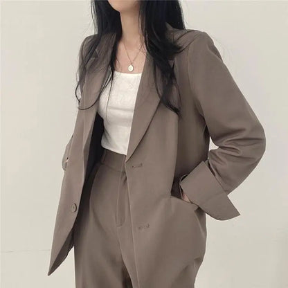 Casual Notch Lapel Suit Set with Button Thick Wide Leg Small Suit Pants High Waist Drape Polyester Business Lady Style Women