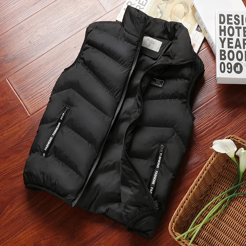 Winter Warm Men's Jacket Sleeveless Zipper Vest Solid Casual Vests Male Cotton-Padded Thickened Stand Collar Wear Outside