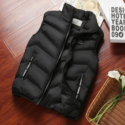Winter Warm Men's Jacket Sleeveless Zipper Vest Solid Casual Vests Male Cotton-Padded Thickened Stand Collar Wear Outside