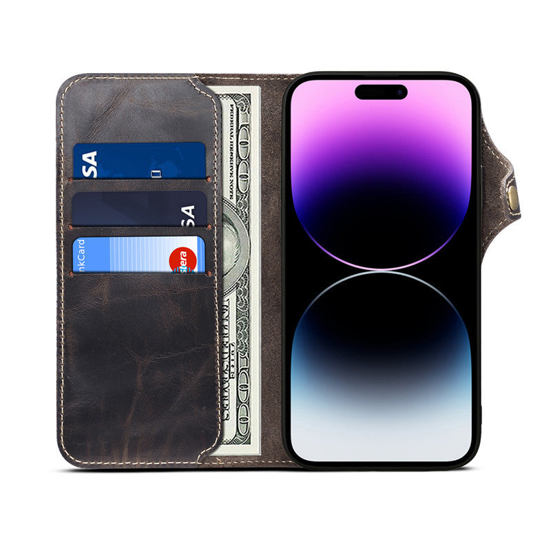 Genuine Leather Wallet Phone Case for iPhone 14 15 Plus 12 13 Pro Max 11 XS XR 6S 7 8 SE Holder Cover With Hand Strap