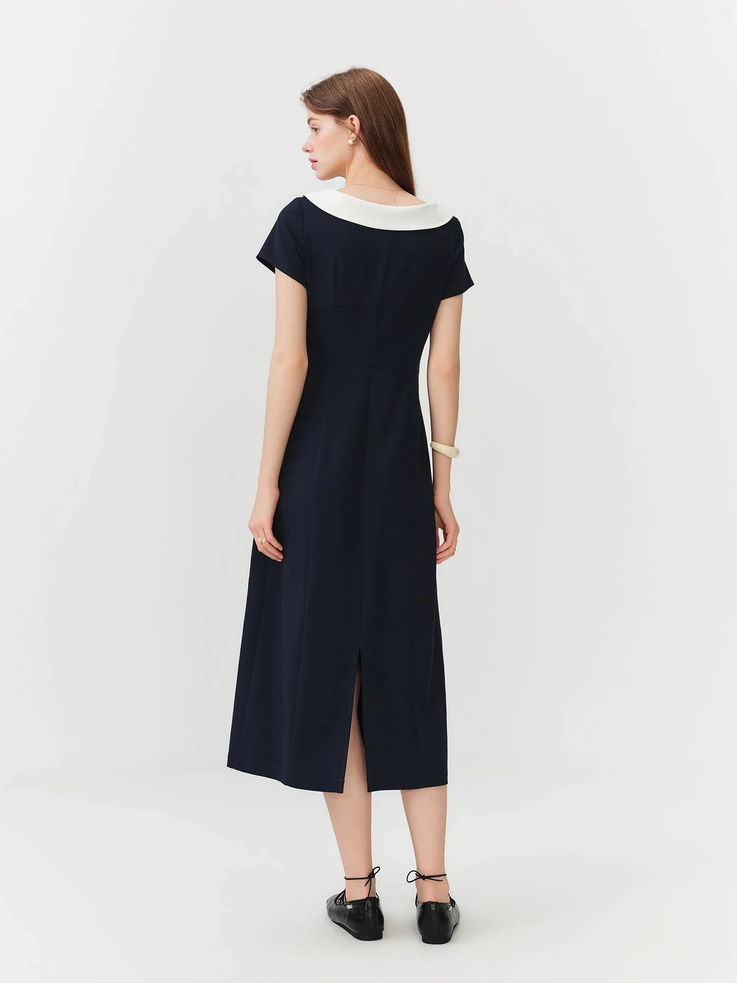 Women Sailor Collar Contrast Bow Belt Midi Dress Waist-Cinching V-Neck French Coquette Chic Elegant Style