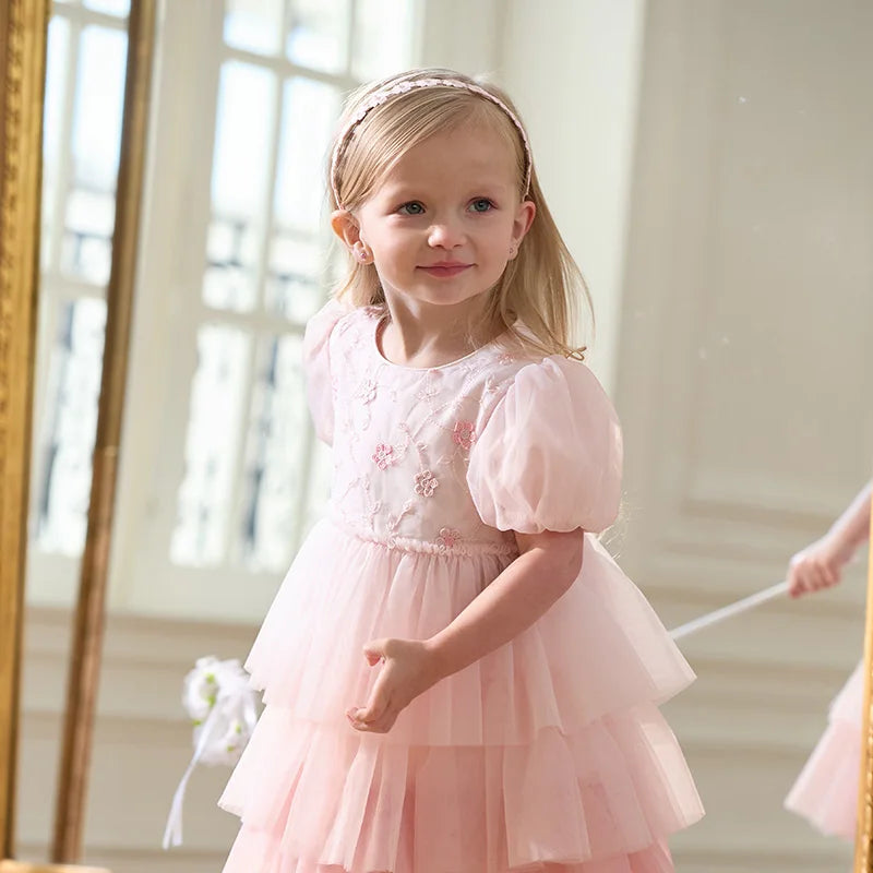 Girls Baby Princess Dress Summer Sweet Cute Bubble Sleeves Elegant Pink Mesh Layered Dress Party Outdoor DB2251649