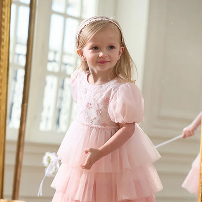 Girls Baby Princess Dress Summer Sweet Cute Bubble Sleeves Elegant Pink Mesh Layered Dress Party Outdoor DB2251649
