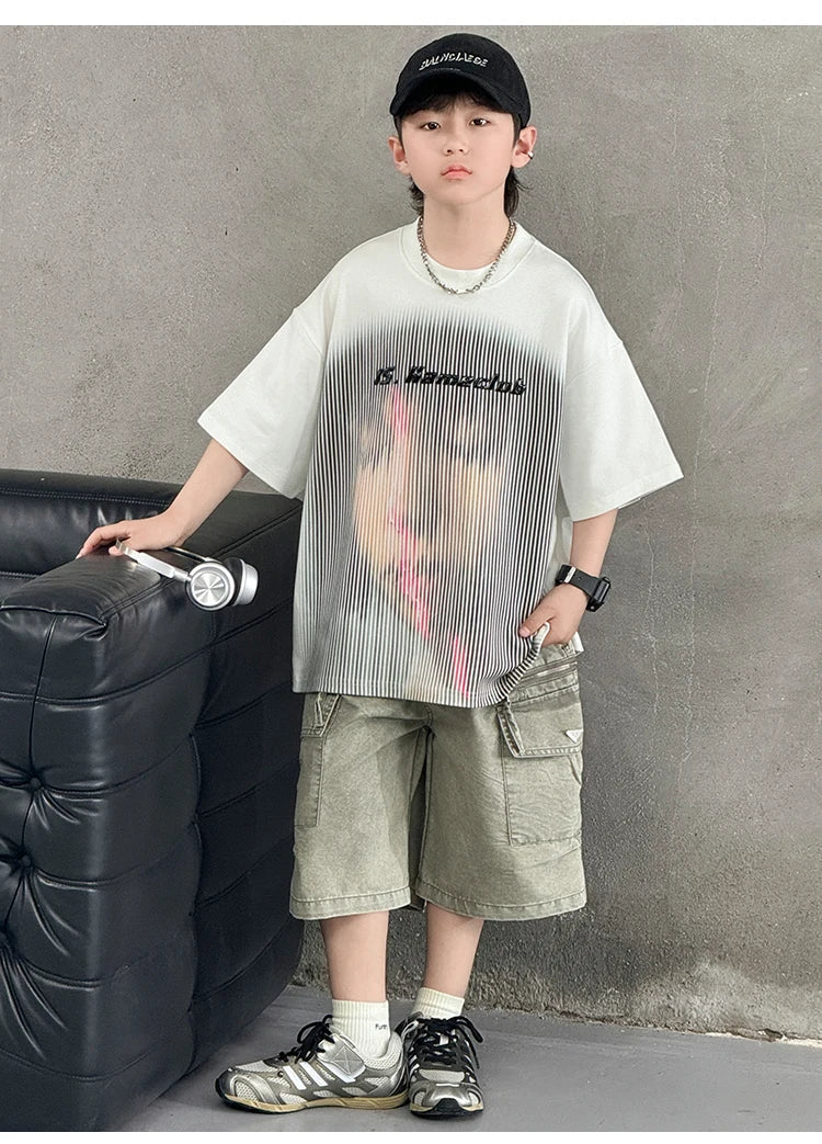 New Summer Korean Children Fashion Suit for Teen Boy Cotton Top And Bottom Set Kids Casual Tshirt Shorts 2PCS Clothing Set 7-16Y