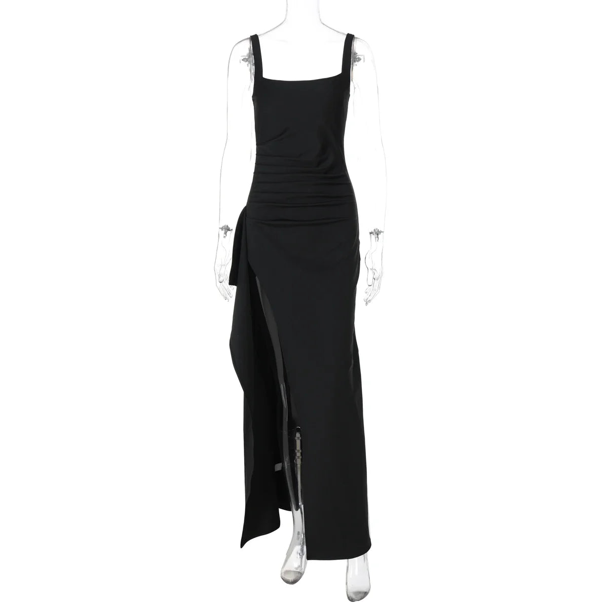 Women Elegant Solid Straps Slit Ruched Patchwork Sexy Bodycon Maxi Dress Summer Outfits Evening Party Birthday Festival
