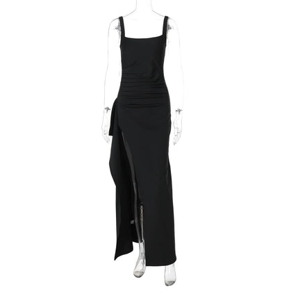 Women Elegant Solid Straps Slit Ruched Patchwork Sexy Bodycon Maxi Dress Summer Outfits Evening Party Birthday Festival