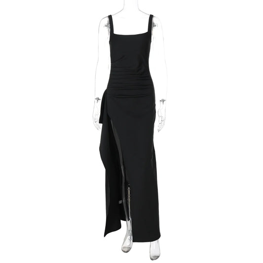 Women Elegant Solid Straps Slit Ruched Patchwork Sexy Bodycon Maxi Dress Summer Outfits Evening Party Birthday Festival