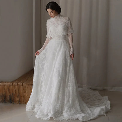 Saudi Arabian Pearls Lace Wedding Dress Customized High Neck Full Sleeves Court Train A Line vestidos de novia Bridal Gown