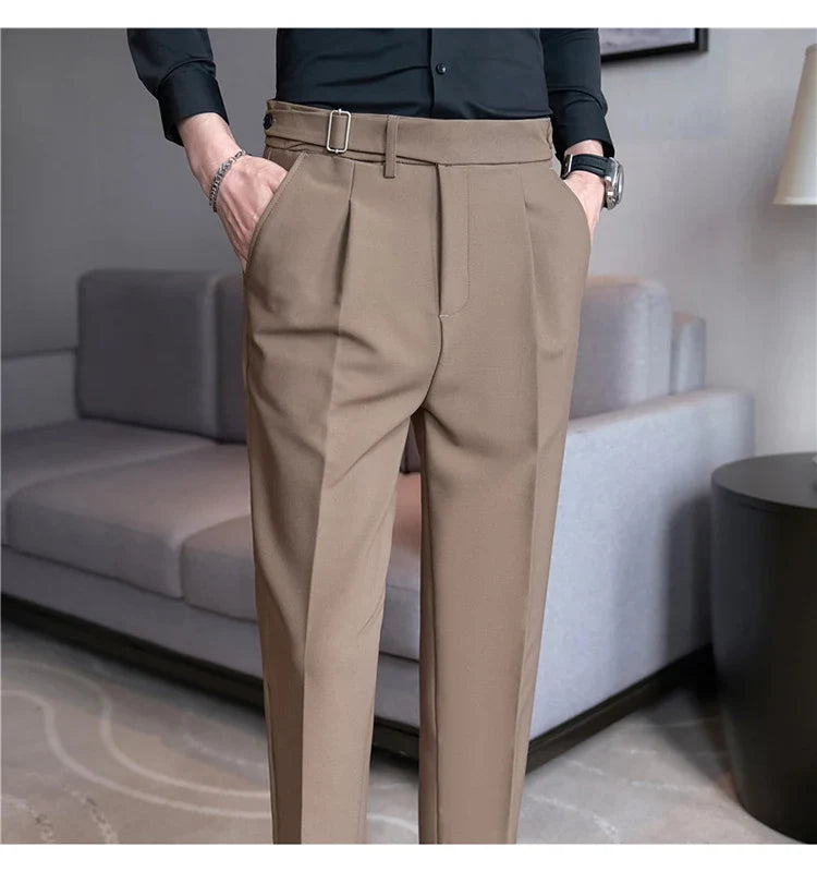 2026 Texture Naples Men's Solid Color Casual Pants Fashion Belt Design Slim Fit Suit Pants Formal Wear Wedding Social Trousers