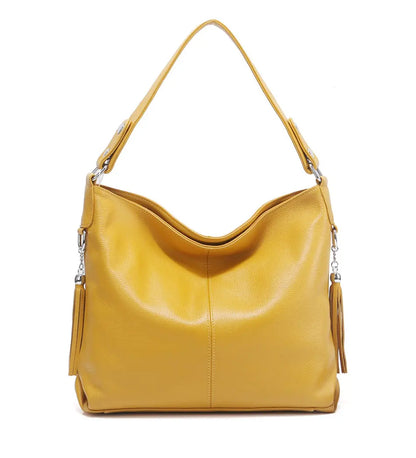 Elegant Beige Women Genuine Leather Handbag Hobo Bag Fashion Crossbody Tassel Big Capacity Shopper Tote Purse Sac Hot Sale
