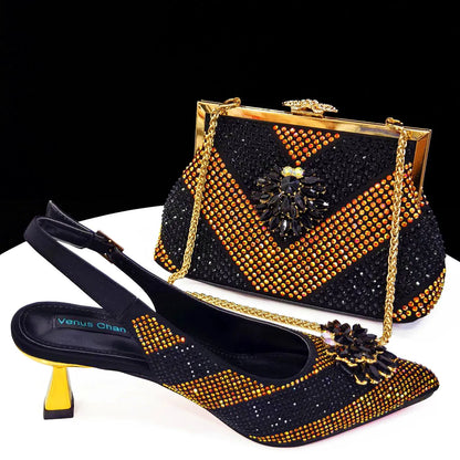 Italian Shoes and Bags Matching Set 2024 Silver Color Rhinestone Fashion High Heels for Women Pointed Toe Pumps