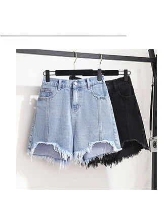 Summer High-waisted Denim Shorts Women Fur-trimmed Zipper Pocket 7XL Jeans Casual Fashion Loose Patchwork Short Pants