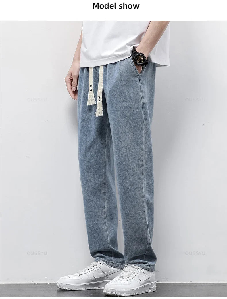 High Quality Fully Elastic Waist Men's Jeans Cotton Soft Drawstring Straight Pants Korea Casual Trousers Male Plus Size S-5XL