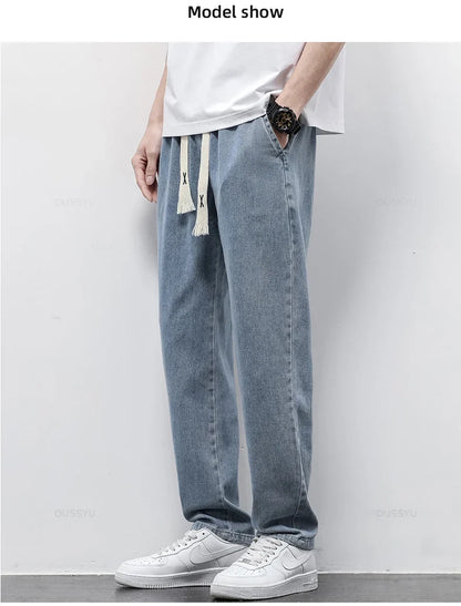 High Quality Fully Elastic Waist Men's Jeans Cotton Soft Drawstring Straight Pants Korea Casual Trousers Male Plus Size S-5XL