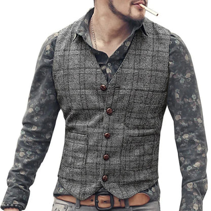 Men Vest Gray Checkered Single Button V Neck Waistcoat For Wedding Party Prom Business Work Office Daily Casual Men Suit Vest