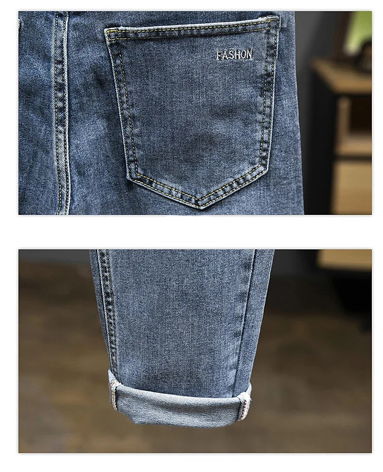Nine-Point Pants Men's 2025 New Spring Autumn Fashion Casual Denim Trousers Cotton Slim Jeans  Blue Male Clothing Brand Clothing