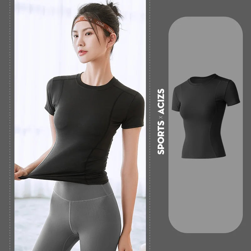 Women's Sports Fitness Clothing Slim Running Sweat Absorbing Skinny Yoga Clothes Quick Drying Clothes Short Sleeved T-shirt