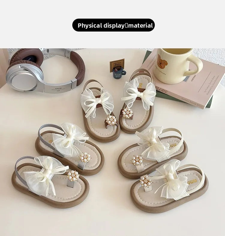 Summer Girl's Sandals Clip-toe Bowknot Elastic Band Soft Sole Kids Sliders Beautiful Pu Leather Chunky Morden Children Shoes