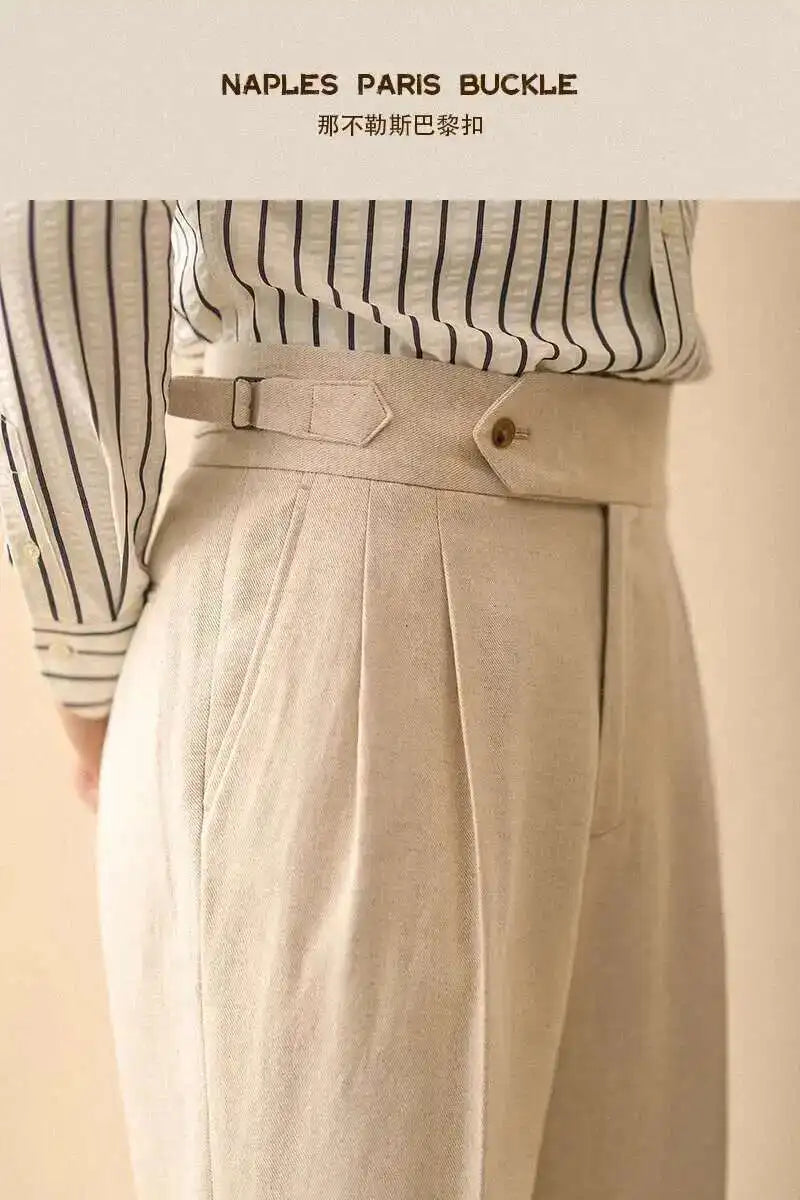 Linen Straight Pant For Men 2024 Summer Business Gentleman Naples Pant Paris Buckle Drape High Waisted Trousers Men Formal Pant