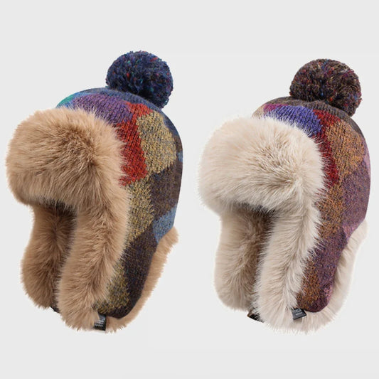 New Autumn Winter Hat for Women Russian Hat Ladies Thick Warm Knitted Hat Fluffy Fur Colored Snow SKi Earflap Cap Ushanka
