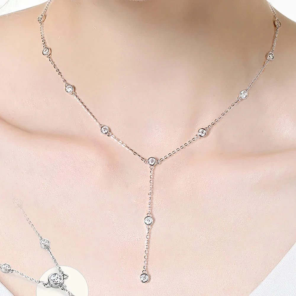 3mm Round Bubble Bezel Set Moissanite Diamond Necklace 925 Sterling Silver Plated 18k Gold Long Tassel Neckchain for Women