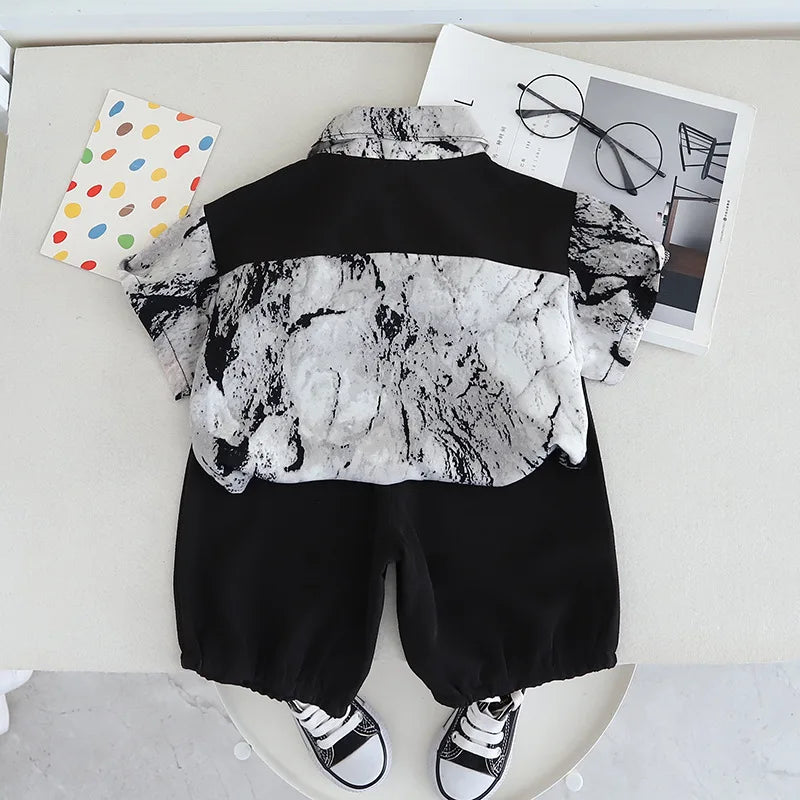 New Summer Suits for Baby Full Printed Kids Short Sleeve Lapel Button Down Shirts +shorts Toddler Boy Fashion Chinese Style Sets