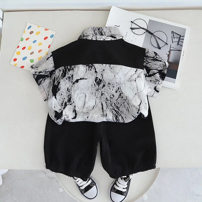 New Summer Suits for Baby Full Printed Kids Short Sleeve Lapel Button Down Shirts +shorts Toddler Boy Fashion Chinese Style Sets