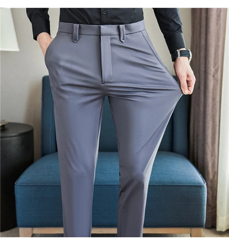 Mens Dress Pants Trousers 2025 Summer New Thin Breathable Solid Casual High Elastic Slim Fit Suit Pants Streetwear Men Clothing