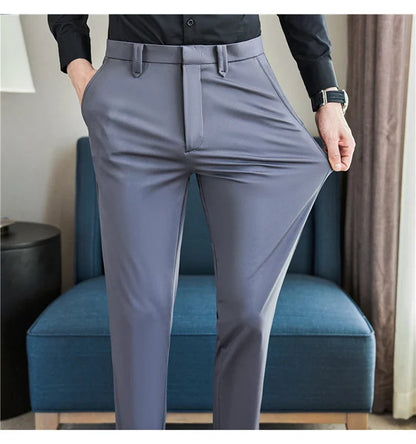 Mens Dress Pants Trousers 2025 Summer New Thin Breathable Solid Casual High Elastic Slim Fit Suit Pants Streetwear Men Clothing